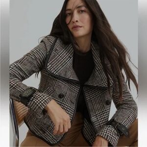 Veronica Beard 8 Mirko Peacoat Double Breasted Houndstooth Jacket Leather Wool